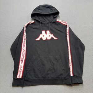 Kappa Hoodie Men's Medium Black Logo Tape Loose Fit Fleece Pullover Sweatshirt